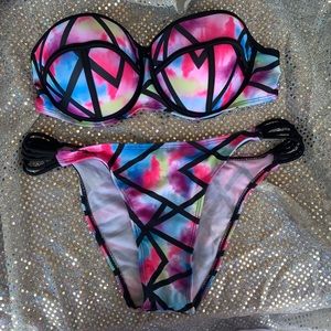 Tie Dye Rainbow Black Lined Strapless Bikini Summer set Top & Bottom